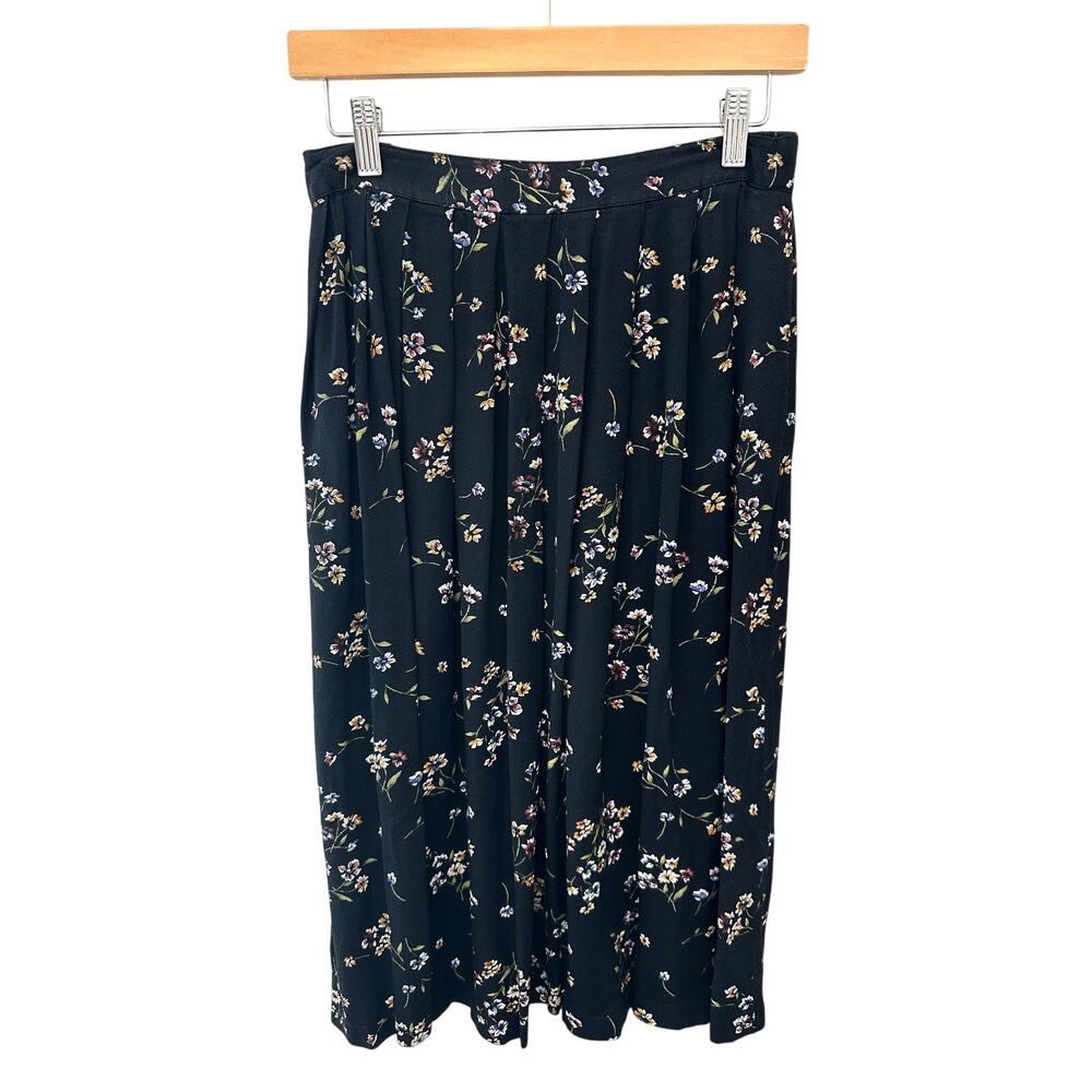 BRIGGS NEW YORK 90s Vintage Black Floral Pleated Midi Skirt | Size 12